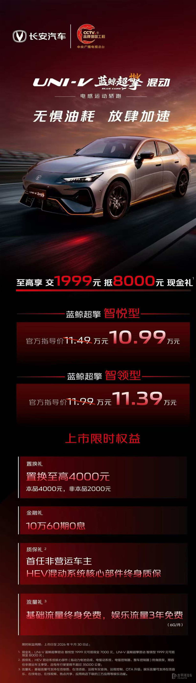 长安UNI-V蓝鲸超擎混动上市 限时售10.99万元起